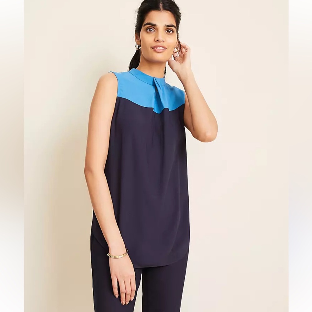 Ann Taylor Petite Women's Size PM Colorblock Twist Neck Shell Blouse Blue